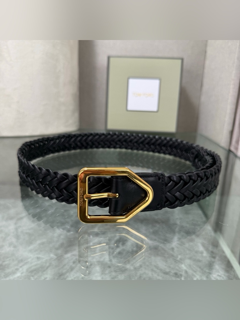 Tom Ford Black Braided Leather Belt with Gold Buckle Accent